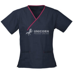 Quần áo đồng phục hộ lý cổ tim nhấn viền màu xanh navy- trước