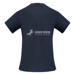 Quần áo đồng phục hộ lý cổ tim nhấn viền màu xanh navy-sau